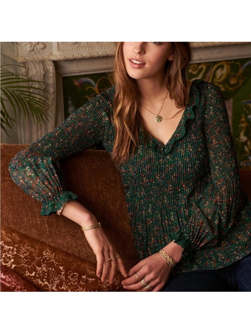 Sezane Green Floral Smocked V-Neck Blouse
